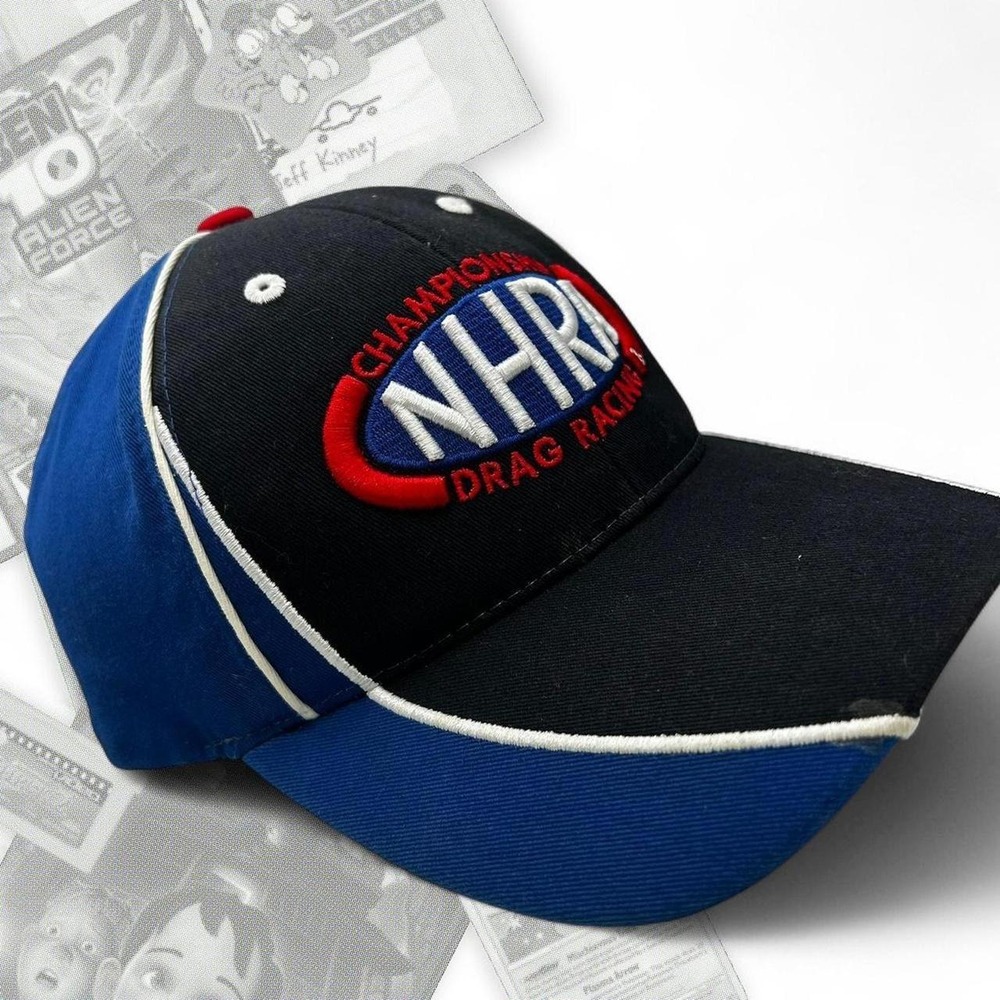 Y2K Black & Blue NHRA Championship Drag Racing Graphic Embroidered Strapback Hat